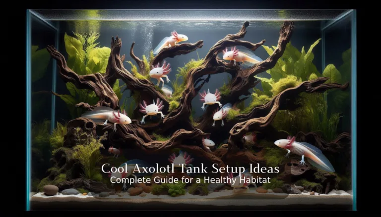 Explore cool axolotl tank setup ideas featuring lush green plants and natural driftwood. The text reads, 