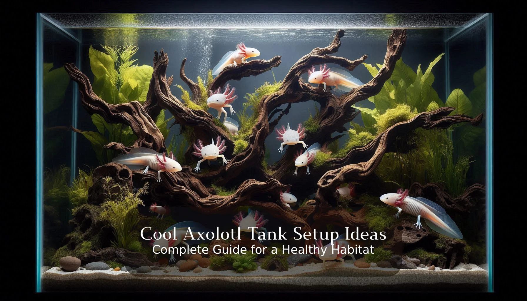 Explore cool axolotl tank setup ideas featuring lush green plants and natural driftwood. The text reads, 