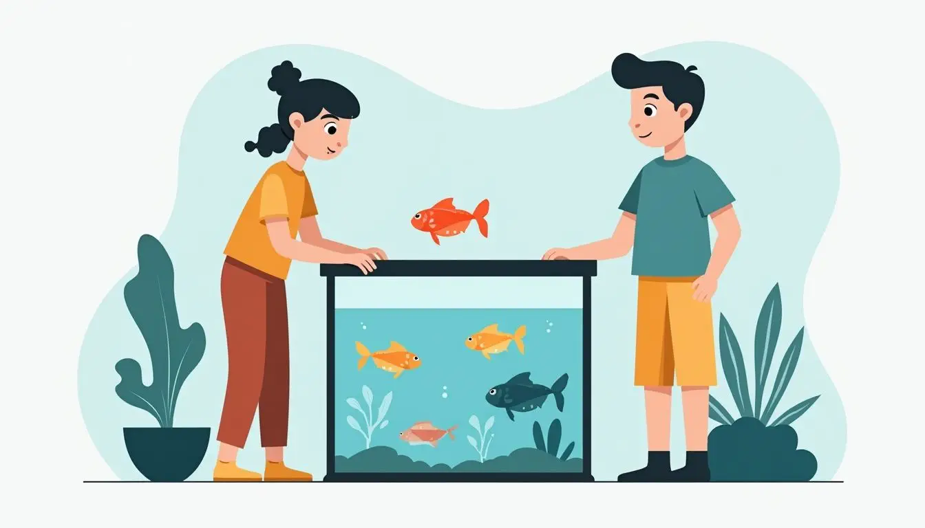 Person observing comet goldfish in clear aquarium with stylized fish. Person observing comet goldfish in clear aquarium with stylized fish.