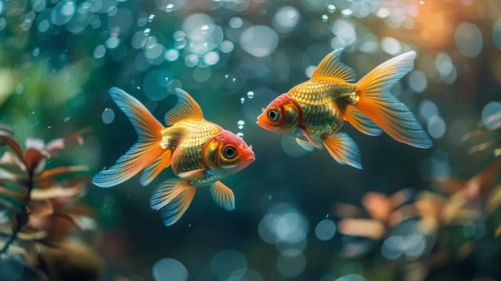 Male and female comet goldfish interacting during a spawning ritual. Male and female comet goldfish interacting during a spawning ritual.